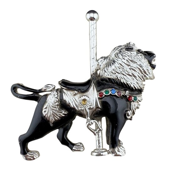 Vintage Silver-Tone Carousel Lion Brooch Pin With Black Enamel & Colorful Rhines - Picture 1 of 5